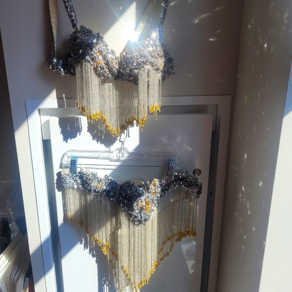 Beaded belly dancing bra and belt outfit